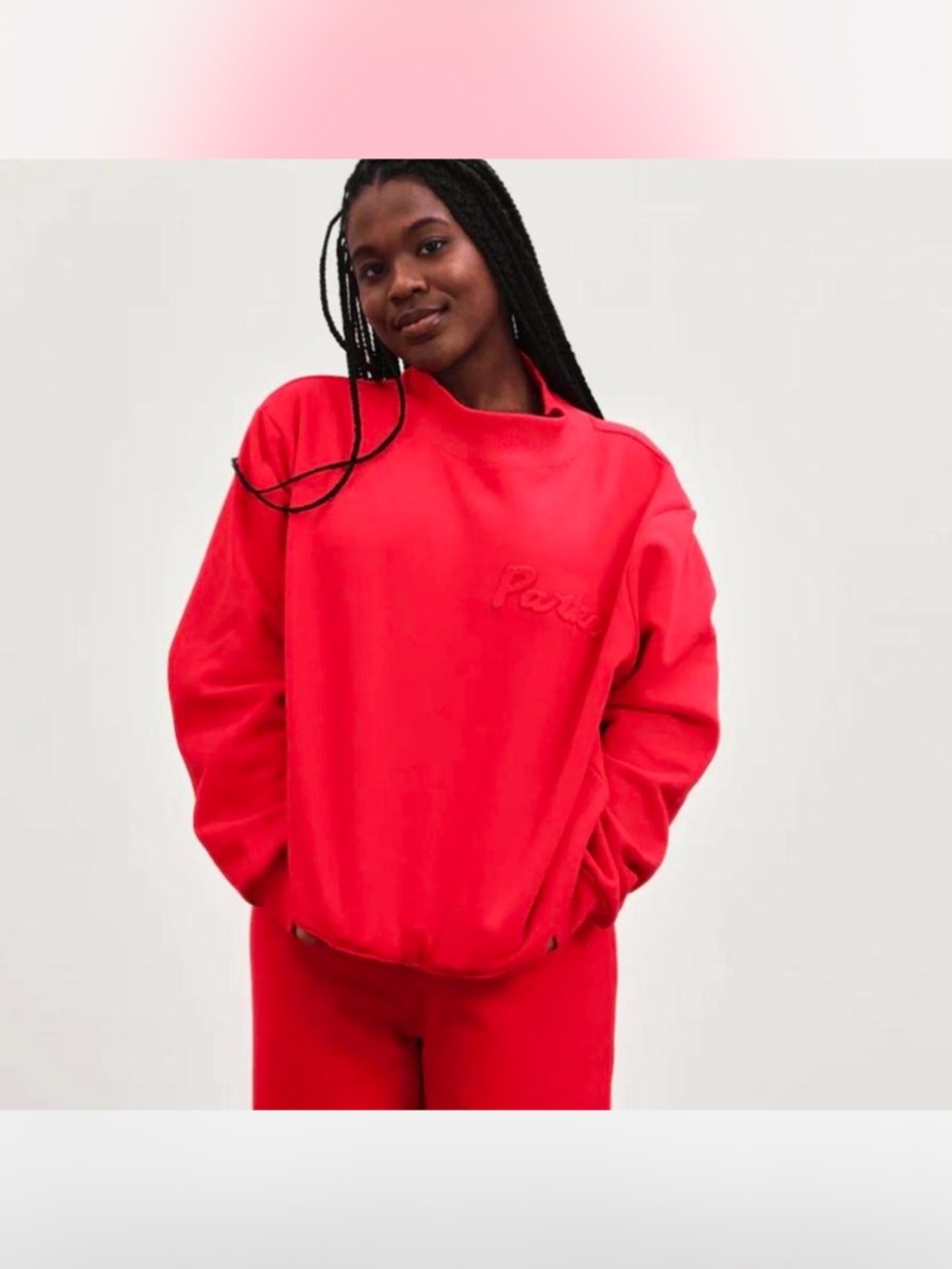 Parke Valentines Day 2025 Red Embossed Oversized Mockneck Sweatshirt Sz S/M